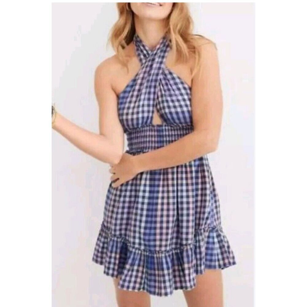 Aerie Blue plaid Spring Flint cross front mini dress small